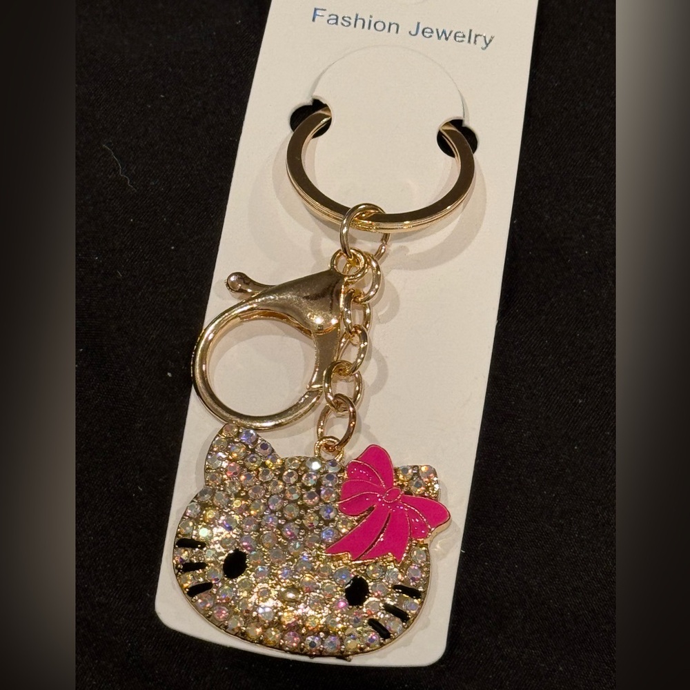 BAG CHARM Glittering Pink Bow Cat Face Hello Kitty Keychain